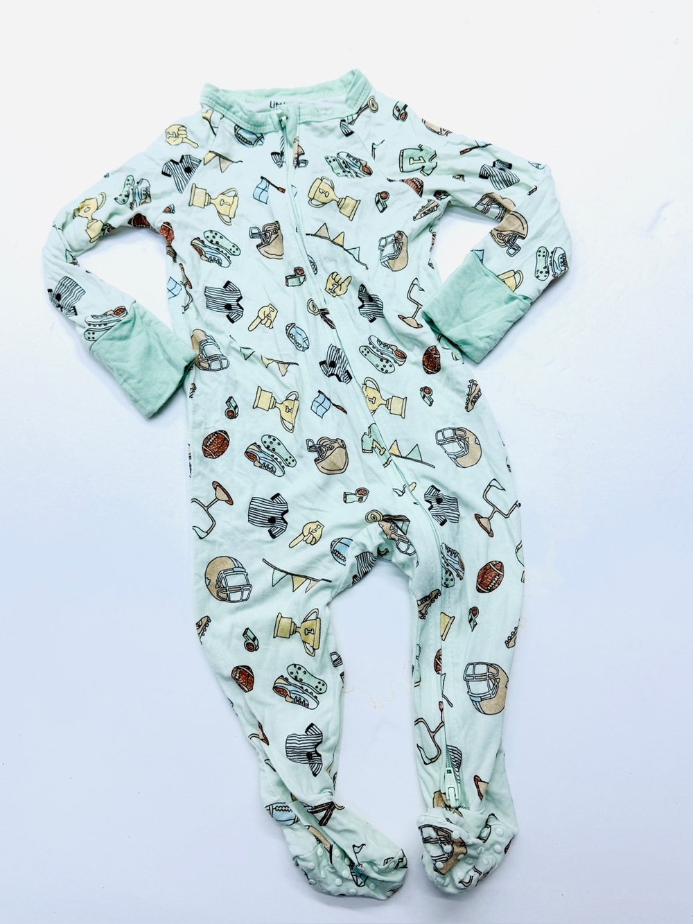 Little Stitch Baby Green Sports Football Footed One-Piece Pajamas Bamboo Zipper